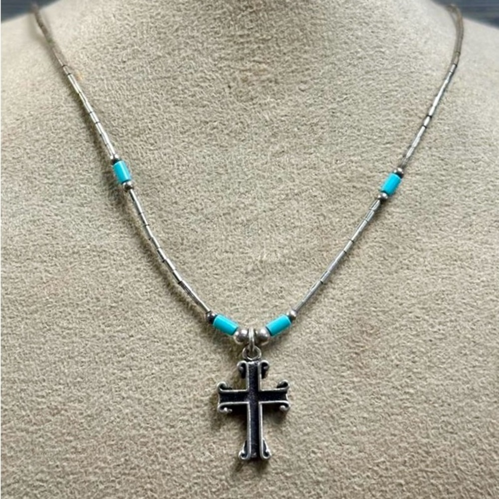 Vintage Sterling Silver Cross Pendant On Liquid Silver & Turquoise Bead Necklace